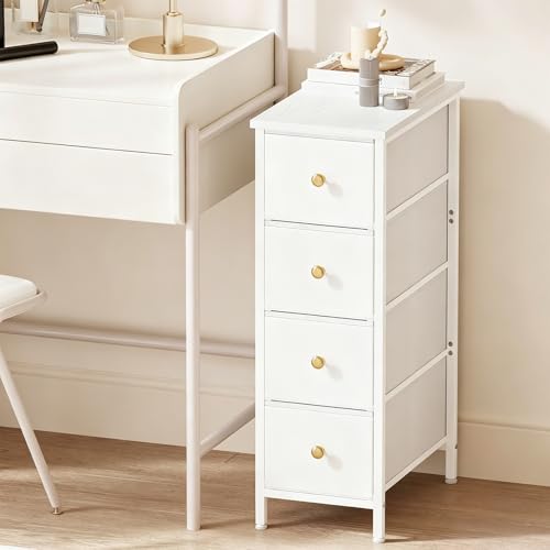 Fixwal Narrow Storage Cabinet Small Dresser with 4 Drawers Slim Fabric Nightstand for Small Spaces White Dresser for Bathroom Dorm Bedroom Laundry Closet
