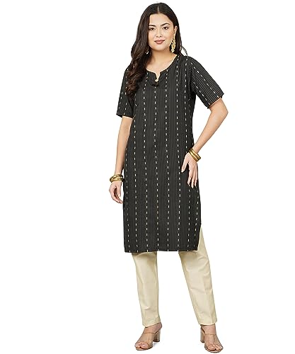 Image of Cotton Dobby Woven Design V- Neck Elbow Sleeves Knee Length Kurta for Women's