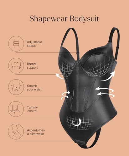 Popilush Leather Corset Bodysuit for Women Tummy Control V Neck Thong Shapewear Sleeveless Body Suit Tops4