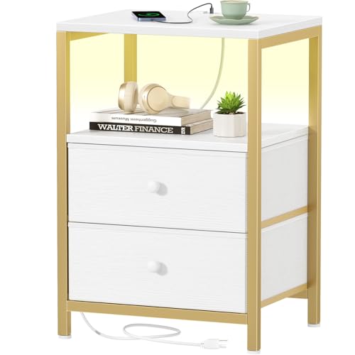 BOLUO Gold Nightstand with Charging Station LED Night Stand with 2 Fabric Drawers Bedside Table with USB Ports and Outlets Nightstand for Bedroom Modern