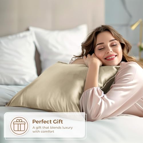 Image of Premium Satin Pillowcase Set of 2 with Eye Mask & 3 Scrunchies | Silky Soft, Anti-Frizz, Skin & Hair Care Sleep Set | Luxury Gift Combo for Women & Girls (Champagne)