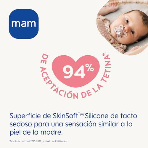 MAM Chupeta, recém-nascido, 0-2 meses, com étina simétrica, plana e flexível de silicone Skin Soft Silicone de fácil aceitação, com caixa auto-esterilizadora, original, azul mate, embalagem de 2