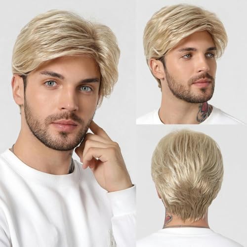 Peluca corta de color marrón oscuro para hombres, pelucas sintéticas con capas y raya a un lado, peluca completa de cabello sintético de aspecto natural - SS1008-3