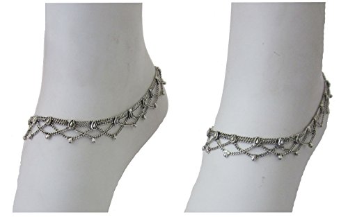 Handmade Womens Boho Anklets Pair | Silver Plated Brass Copper Metal Chain Vintage Antique Oxidized Finish | Inidan Payal Feet Ankle Bracelet Fashion Jewelry | Traditional Bollywood Festival Gypsy Hippie Goth Rave Style #TOP1