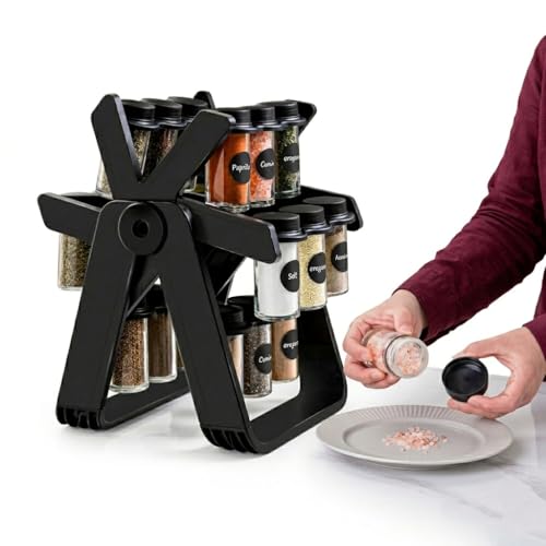 Spice Rack Organizer with 18 Glass Jars 360 Rotating Spice Rack Carousel Stand for Kitchen Countertop Spice Jars Set Seasoning Storage Container Set