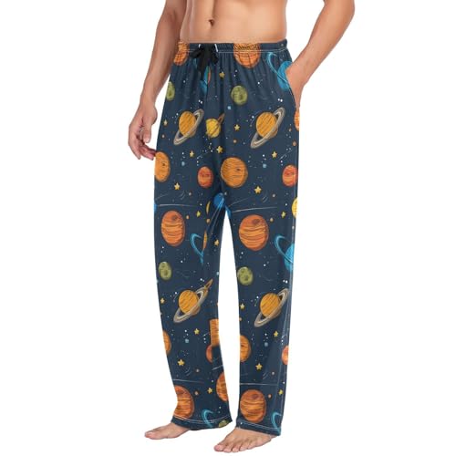 Men’s Cartoon Solar System Planets Pajama Pants with Pockets, Comfortable Lounge Sleep Bottoms#5474
