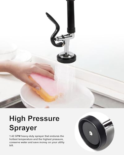 Commercial Sink Faucet,Commercial Faucet with Sprayer Adjustable Center Wall Mounted Restaurant Faucets,12" Spout andPull-Down Pre-Rinse 25” Height Suitable for 1, 2 or 3 Sinks