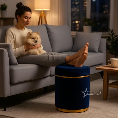 Image of Ottoman Stool for the Living Room Ottoman Pouffes for Sitting, Puffy Stool for Living Room Dressing Table Stool Blue