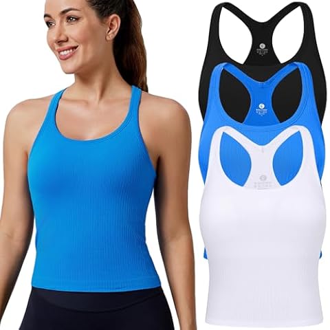 Evercute Women's 1/2/3 Pack Ribbed Workout Tank Tops with Built in Bra Racerback Seamless Crop Tank Tops Camisole Sport Tanks Cover