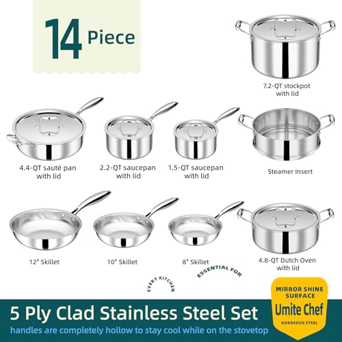 Umite Chef Stainless Steel Cookware Set, 5 Ply 14 Piece Stainless Steel Pot and Pan Set-Induction, Heavy Chef Quality, Oven Safe | Professional Kitchen Cooking Appliances, PFOA, PTFE & PFOS Free by Umite Chef - Image 6