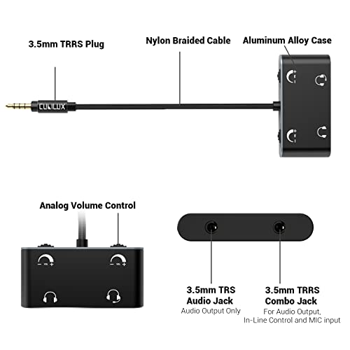 Cubilux podzielnik słuchawek z tłumikiem głośności, 3.5mm męski na podwójny żeński, pozwala 2 osobom dzielić muzykę. Kompatybilny z MacBook, laptopami, telefonami, tabletami, MP4, MP3