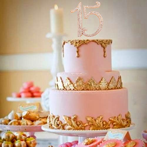 Rose Gold Sweet 15 Birthday Cake Topper | Premium Crystal Rhinestone Diamond Bling Gems | Monogram Number Fifteen | 15Th Birthday Party Decoration Ideas | Perfect Keepsake (15 Rose Gold) #TOP5