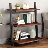 IBF 3-Tier Solid Wood Ladder Bookshelf with Natural Live Edge, Rustic Walnut Storage & Display Leaning Bookcase, Modern Space-Saving Shelf for Living Room, Bedroom, Home Office