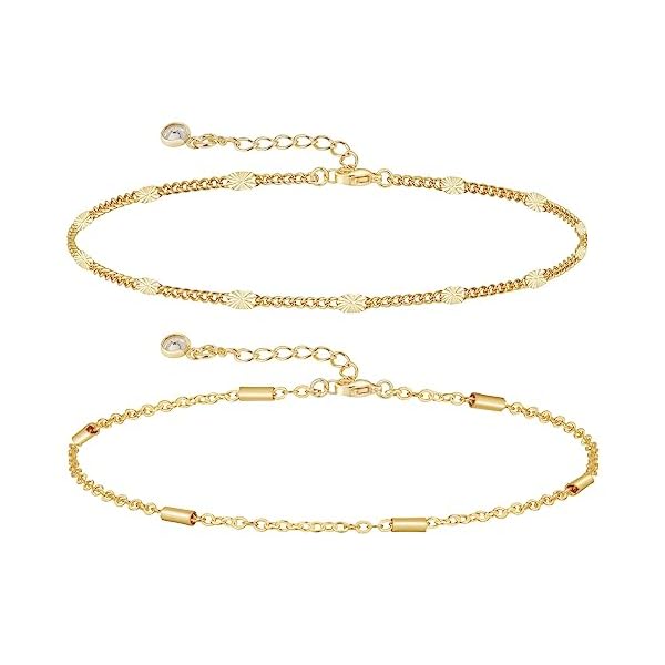 Gold Bracelets for Women 14K Gold Plated Dainty Gold Bracelet Lightweight Chain Bracelet Satellite Bar Bead CZ Four Leaf Clover Bracelet Simple Minimalist Handmade Jewelry Gift - Image 6