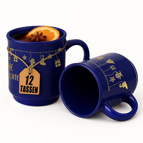 Trinklicht 12 tazas de vino caliente de Navidad | 0,2 l azul con asa | taza de vino caliente para el mercado de Navidad | cerámica Navidad taza ponche