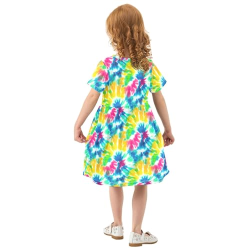 Emelivor Tie-dye Circular Vivid Girls Summer Dress Toddler Girl Skater Dresses Short Sleeve Dress for Kids,2T3
