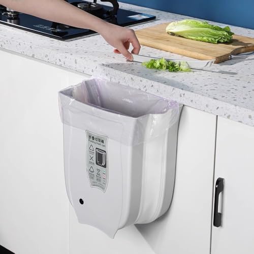 Hanging Kitchen Trash Can, Foldable Waste Bin for Kitchen, Collapsible Hang Small Plastic Garbage Can 10L for Cabinet/Car/Bedroom/Bathroom (White)