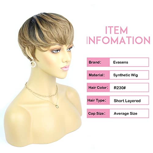 Evasens Short Pixie Cut Wigs With Bangs Natural Straight Hair Synthetic Wigs For Black Women Black Wig Layered Wavy Wigs Cute Daily Wear Wig (Ombre R2/30#) #TOP1