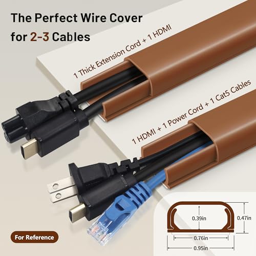 Image of ZhiYo Cable Hider Raceway Kit, 68in (4X L17in) Wire Hiders for TV on Wall, Paintable Cord Cover Channel, Cord Hider for Wall Mounted TV in Home Office, 0.95in (W) x 0.47in (H), Brown