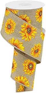 Craig Bachman 2.5 Inch Multi Sunflowers Royal Burlap Wired Ribbon 10 Yards Beige Yellow Orange Rust Autumn Wreath Making Supplies