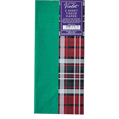 Design By Violet Tartan Printed Tissue Paper 4 Sheet Pack Green and Red Tartan Gift Wrap Tissue
