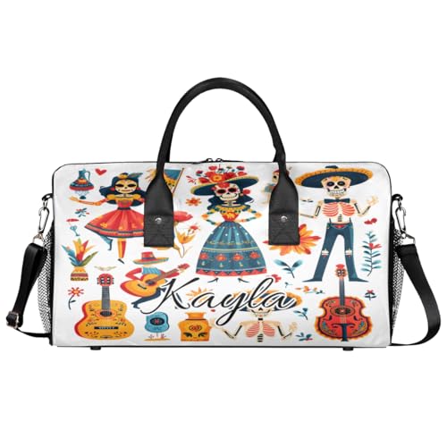 Funny Skull Custom Travel Bag, Personalized Duffle Bag with Initials Name, Boho Guitar Floral Sports Dance Gym Tote Bags Weekender Overnight Bags for Women Men