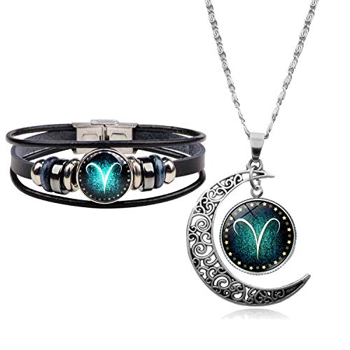 Aries Necklace Bracelet Set Zodiac Constellation Necklace Astrology Galaxy & Crescent Moon Glass Necklace Leather Constellation Bracelet for Men Jewelry Set Birthday Gift for Women (Aries)