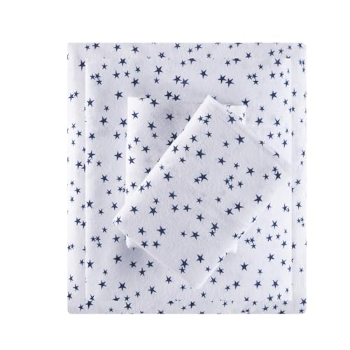 Image of Intelligent Design Cozy Soft 100% Cotton Flannel Print Animals Stars Cute Warm, Ultra Soft Cold Weather Sheet Set Bedding, Full, Blue Stars 4 Piece