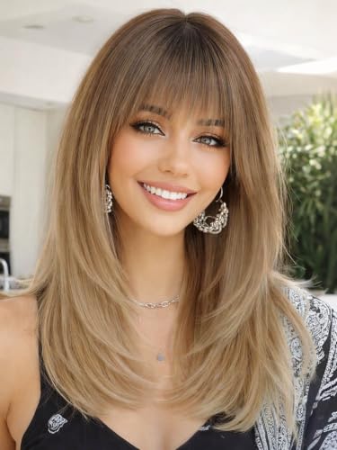 AISI HAIR 【Beginner Friendly Wigs】 Ombre Blonde Wig with Bangs for Women, Middle Length Natural Layered Straight Wig for Daily Party