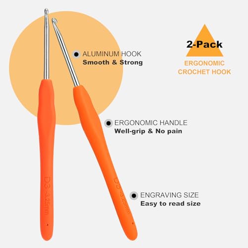 Image of 2Pcs 3.25mm Crochet Hooks, Ergonomic Crochet Hook for Arthritis and Beginners, Extra Long, Smooth, Comfortable (Size D / 3.25mm)