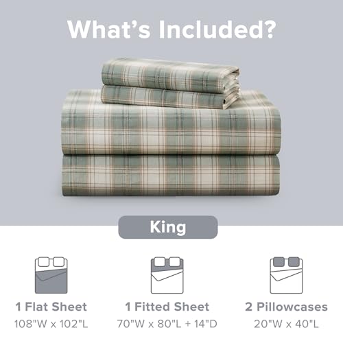 Comfort Spaces 100% Cotton Sheets King, Breathable, Naturally Cool Cotton Sheets, Soft Cotton Bed Sheets with 14" Elastic Pocket Fits up to 16" Mattress, All Seasons Sheet Set, Wesley Green 4 Piece