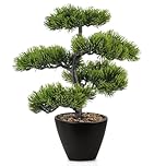 GOVIRAYE 33cm Artificial Pine Bonsai Tree in Ceramic Black Pot, UV Resistant Fake Plants with Stone for Home Decor, Realistic Indoor for Living Room Office, Low Maintenance Faux Greenery