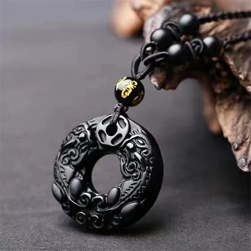 Colgante de obsidiana natural tallado con jade collar amuleto de la suerte 2