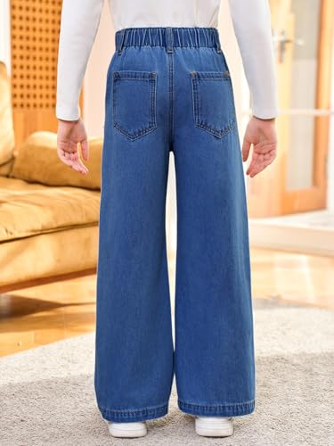 Haloumoning Girls Wide Leg Jeans Kids Elastic Waist Casual Demin Pants with Pockets 5-14 Years2