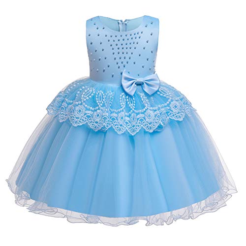 WAWALI Baby Girls Flower Dresses Christening Gowns Newborn Babies Baptism Clothes Princess Tutu Birthday Beaded Bow Dress 3 Blue