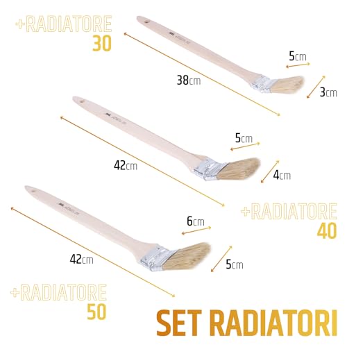PENNELLIFICIO 2000 | Set mit 3 professionellen Pinseln für Heizkörper, mit Holzgriff für die Lackierung von Heizkörpern, Profilen und Ecken, Bürstendurchmesser 3, 4, 5 cm