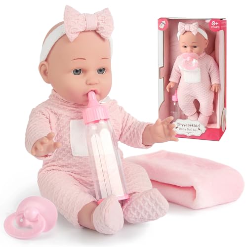 Chyyeerkidd 12'' Baby Doll in Gift Box - Toddler Baby Doll Set with Pacifier, Feeding Bottle, Blanket | Great Gift for 3+ Year Girls Pink
