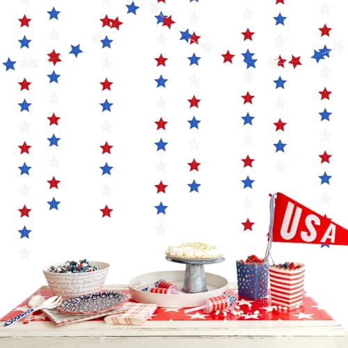 Image of Fourth-4th of July Memorial-Day Party-Decorations - 62ft Patriotic Red-Blue White Twinkle Little Star Hanging Streamers-Garland Banner,Independence Graduation Baby Shower Birthday Decor Hugtmr