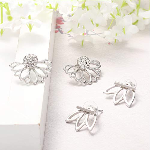 Loyallook 10Pairs Stainless Steel Stud Earring Set Moon Star Bar Earrings Lotus Ear Jacket Cz Cuff Hoop Huggie Cartilage Earring For Women, Silver #TOP6