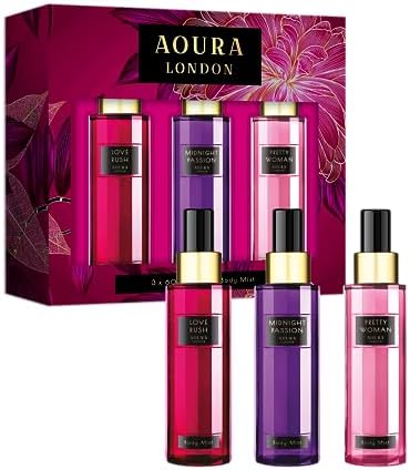 AOURA LONDON Trio Womens Body Mist Gift Set, with Midnight Passion, Love Rush, & Pretty Woman, Fragrance Spray Set (3x60ml)