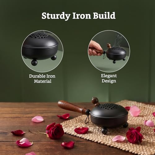 Image of Amazon Brand - Solimo Dhoop Dani with Handle (11.4 cm / 4.4 Inch) | Incense & Loban Burner Dhuni Stand | Durable Iron Body with Black Finish | Round Design | Safe Grip Handle | Ideal for Home, Office & Temple Pooja