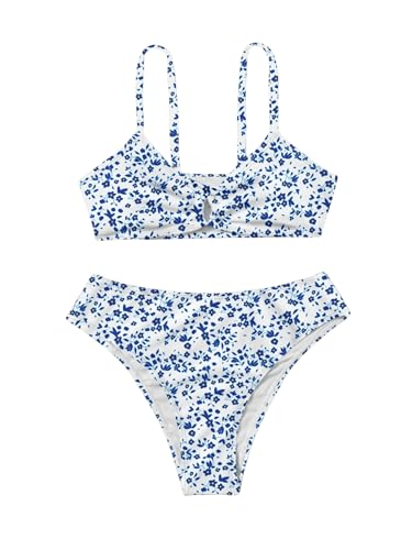 Image of COZYEASE Girls' 2 Piece Ditsy Floral Print Knot Front Ruched Triangle Bikini Swimsuit