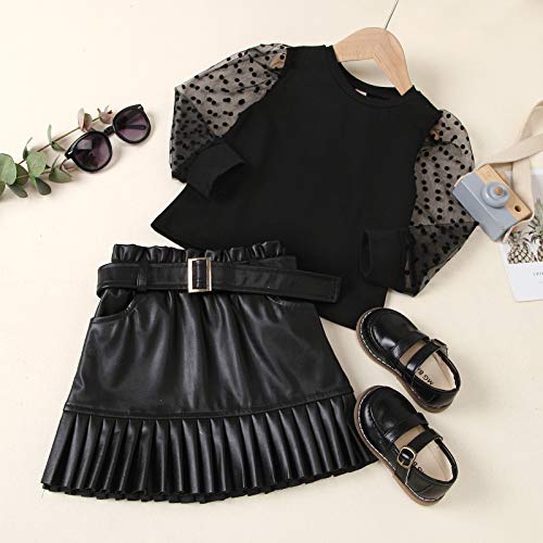 Lxxiashi GLDMTJ008-XSTEQC7-3BTA4 Toddler Baby Girl Mesh Sheer Long Sleeves Blouse Top + A-Line Leather Pleated Skirt Mini Dress Outfits thumb #1