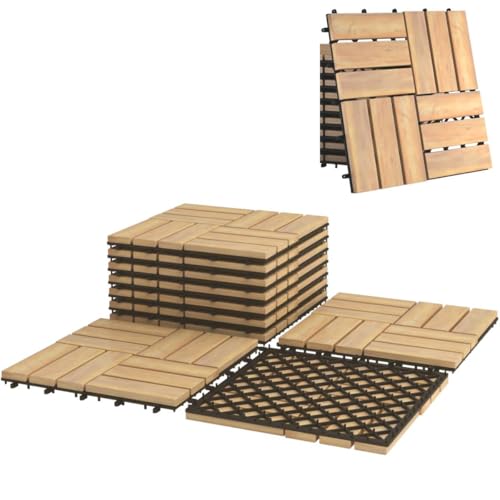 Image of TANGZON Acacia Wood Deck Tiles, 30 x 30 cm Interlocking Patio Flooring with Click System & Drainage Base, Wooden Floor Tiles for Balcony Garden Indoor(10PCS, Parquet Pattern - Natural Wood)