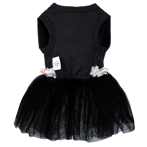 Image of CuteBone Black Tulle Skirt Dog Wedding Bridesmaid Dress for Puppy with Lace Trim at Waist - Comfortable, Stylish, and Perfect for Special Occasions HBQ04S