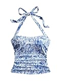 SOLY HUX Women's Floral Print Halter Neck Crop Tops Tie Backless Fitted Tank Shirts Summer Vacation Clothes Blue and White Small