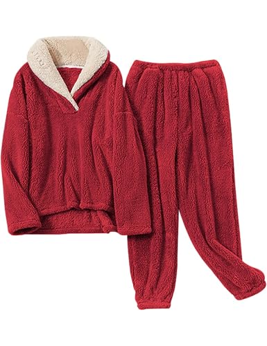Image of Mens Fluffy Coral Fleece Pajamas Set Pullover Pants Loose Plush Warm Loungewear Sleepwear