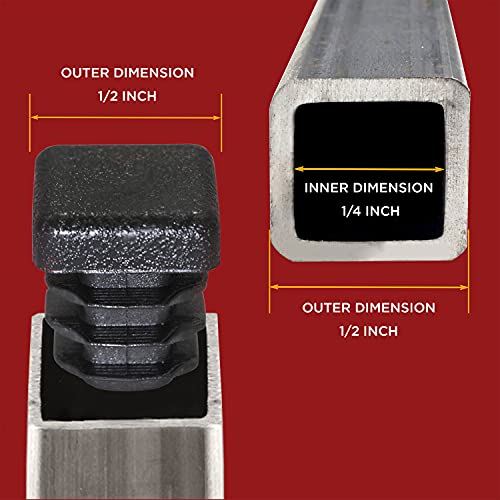 Image of Prescott Plastics 1 /2 inch (12.7mm) Outer Perimeter Ribbed Plastic Hole Plugs, Square Black Metal Tubing End Caps, Strong Furniture Leg Inserts, Impact & Weather Resistant, Made in the USA - 20 Pack