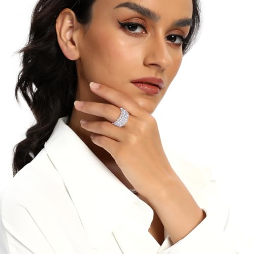 MDFUN 18K White Gold Plated Three-row Cubic Zirconia Engagement Rings Wedding Bands Round Cut Oval Emerald Cut CZ Promise Ring Eternity Band for Women Size 5-103