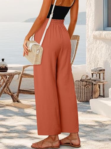 CRAZY GRID Womens High Waisted Palazzo Pants Beach Flowy Summer Wide Leg Trousers Lightweight Casual Vacation Pants with Pockets Medium Coral — view 6